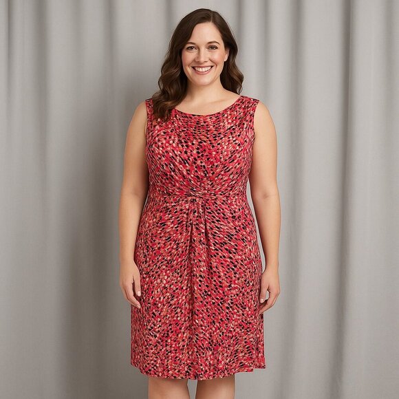 Jessica Howard Size 14 Pink White Black Print Midi Dress Sleeveless Ruched Waist - Picture 1 of 11
